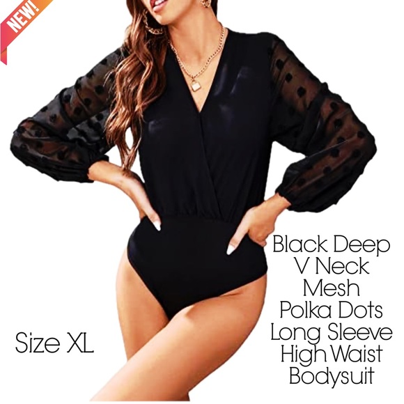 Tops - Black Deep V Neck Mesh Long Sleeve Polka Dots High Waist Bodysuit